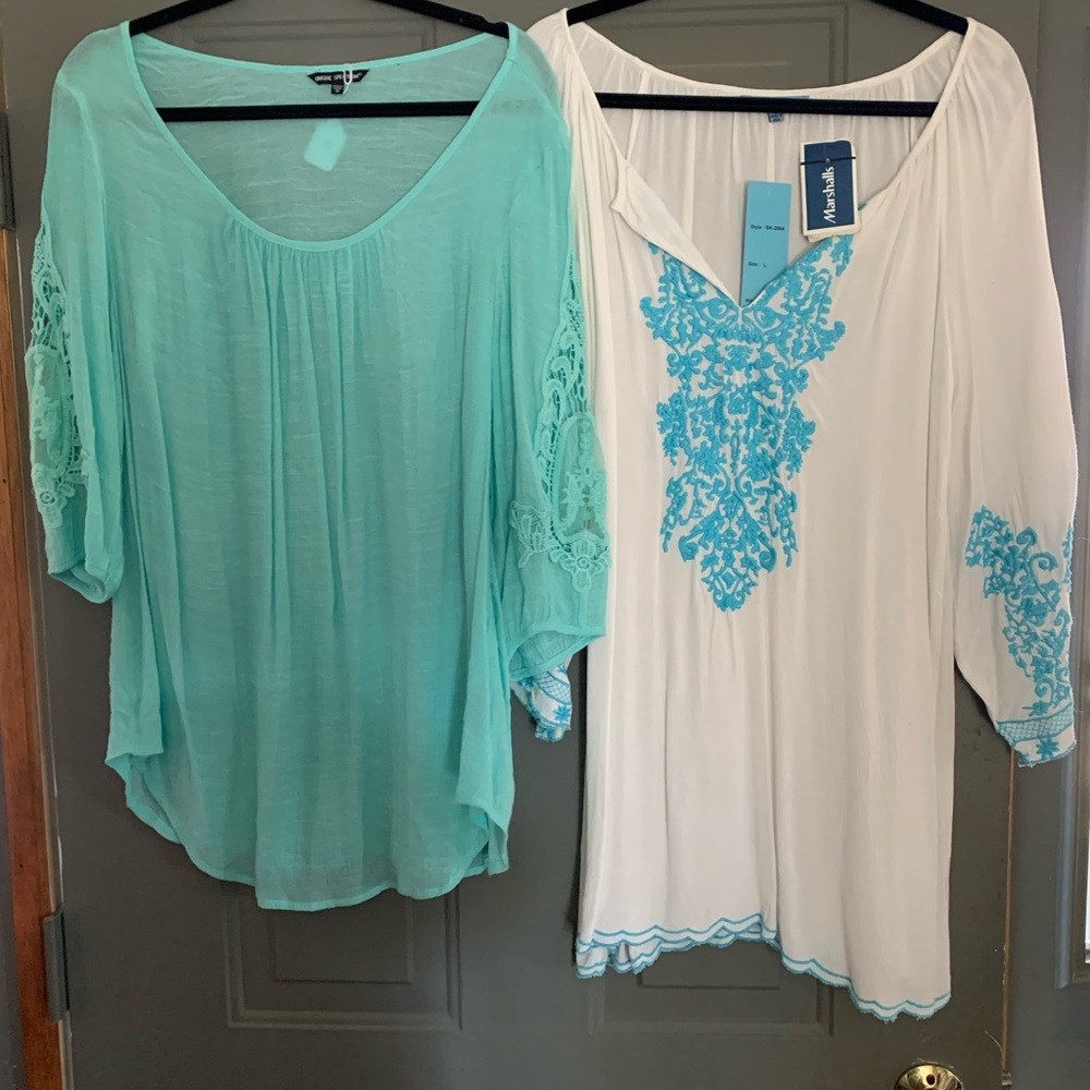 Aqua and White Embroidered Women's Tops